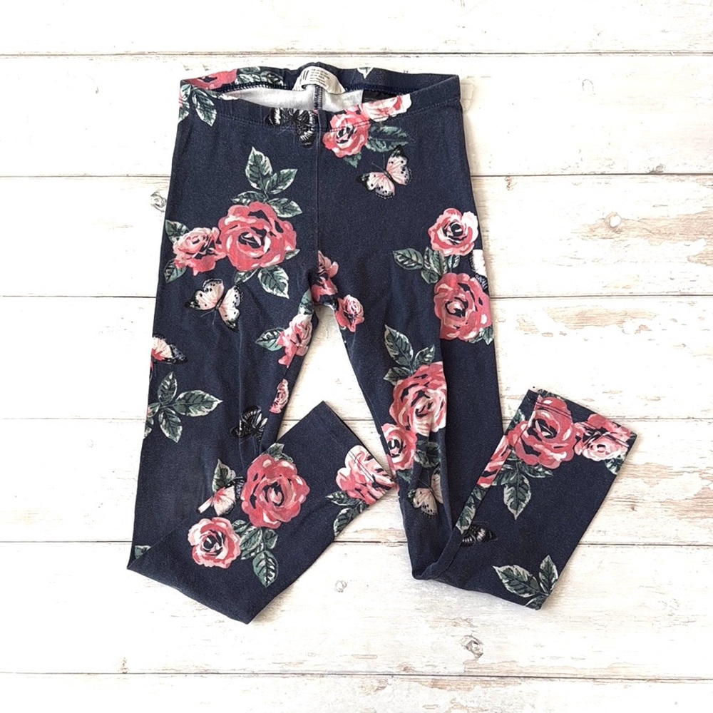 H&M Kids 7/8 Girls Navy Blue Floral Pink Rose Flower Leggings Pants Size 7 8